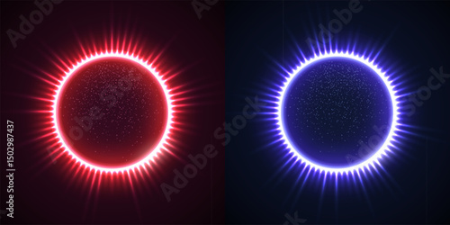 Solar eclipse with lights flares. Sun eclipse with glowing red and blue corona and radiant light flares in space. Darkened planet with bright shine. Abstract vector illustrations set.