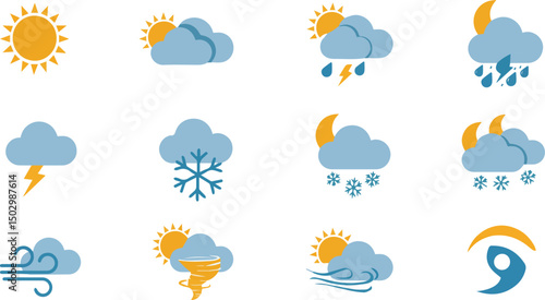Create a kinds of weather, icon, sun, cloud, rain, isolated on with white background .