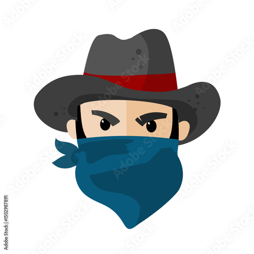 cute masked cowboy head with hat – vector illustration