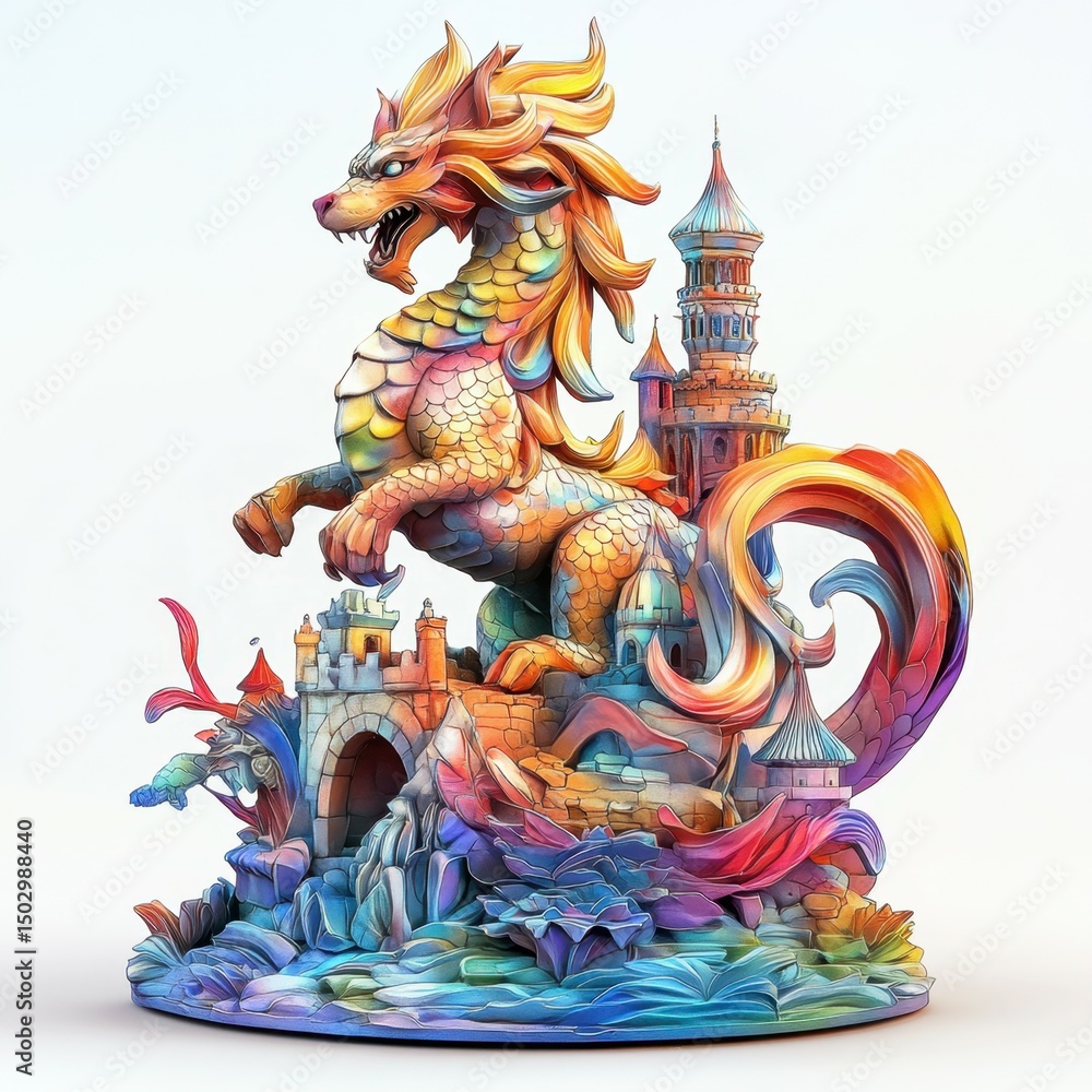 Naklejka premium Fantasy Dragon Sculpture with Fairy Tale Castle Detail Scene