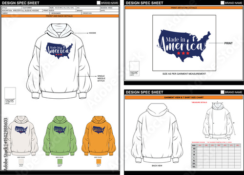 MADE IN AMERICA DTF PRINT ON STYLISH TRENDY WINTER HOODIE EDITABLE EMPTY TECHPACK MEASUREMENT TEMPLATE