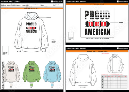 PROUD AMERICAN DTF PRINT ON STYLISH TRENDY WINTER HOODIE EDITABLE EMPTY TECHPACK MEASUREMENT TEMPLATE