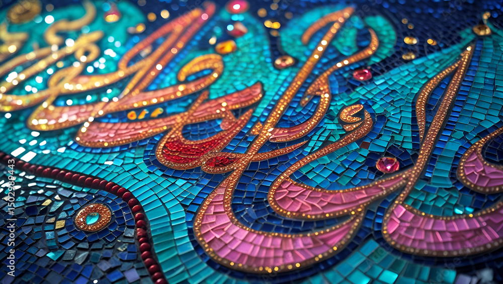 Fototapeta premium Exquisite Islamic Calligraphy Mosaic Art Vibrant Jewel Tones Detailed Design