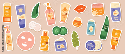 Cute summer skincare sticker set in a soft cartoon style. Includes SPF, creams, sprays, and beauty icons. Trendy design perfect for planners, social media, and self-care visuals.