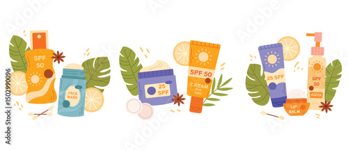 Minimalist set of three compositions with summer skincare products. Includes SPF cream, moisturizer, facial mist, and beauty tools. Clean and trendy visual for skincare and wellness projects.