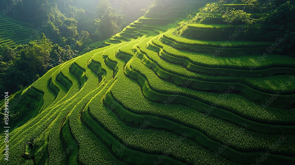 Fototapeta premium Sunlit Rice Terraces with Green Hills.