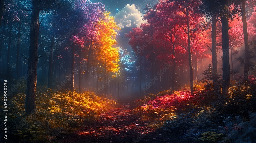 Neon Fantasy Forest with Galactic Glow: Rainbow-Hued Trees, Cosmic Flames & Ethereal Smoke in Mystical Dark Landscape for Surreal Worldbuilding Neon Fantasy Forest with Galactic Glow: Rainbow-Hued Trees, Cosmic Flames & Ethereal Smoke in Mystical Dark Landscape for Surreal Worldbuilding