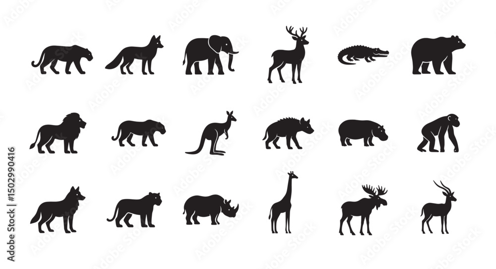 Fototapeta premium Wild animal black silhouette design bundle, set of wildlife elephant, tiger, lion, giraffe, deer, Chimpanzee, fox creature logo icon, clip art symbol