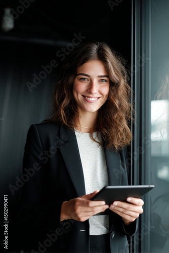 Smiling business woman in professional attire standing near an office window using a tablet, modern workspace concept with productivity in contemporary corporate environments.