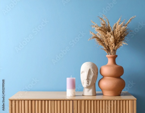 Modern console table with pastel candle, abstract head sculpture, and terracotta vase agains