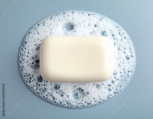 soap bar with foam on grayish blue background