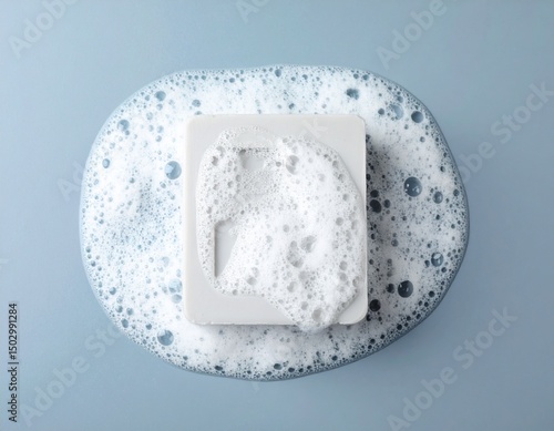 soap bar with foam on grayish blue background
