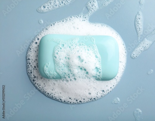 soap bar with foam on grayish blue background