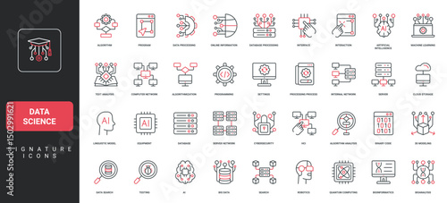AI and data science, algorithm, program and database, cybersecurity, machine learning line icon set. Computer and server network, HCI, data processing thin black and red symbol vector illustration