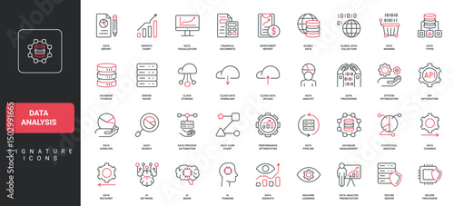 Data analysis, research process automation with AI, secure cloud services line icon set. Infographic statistic diagram chart growth, presentation thin black and red outline symbols vector illustration