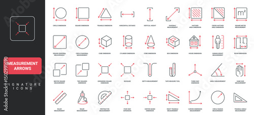 Measurement size, dimension scalable arrows, tools line icon set. Ruler with scale measure width and height, house plan and box, square resize, space thin black and red symbols vector illustration