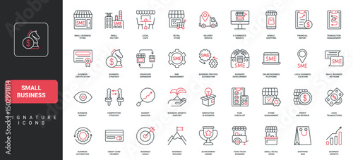 Small business development, franchise, commercial strategy of SME line icon set. Retail shop building, local market and restaurant location, thin black and red outline symbols vector illustration