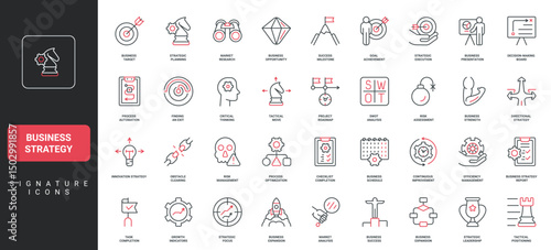 Business strategy, SWOT analysis for company optimization, action plan line icon set. Solution weakness and strength, threats and opportunity thin black and red outline symbols vector illustration
