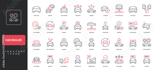 Car dealer and dealership business, auto showroom with new vehicles, price and guarantee line icon set. Rent and sell automobile, car review thin black and red outline symbols vector illustration