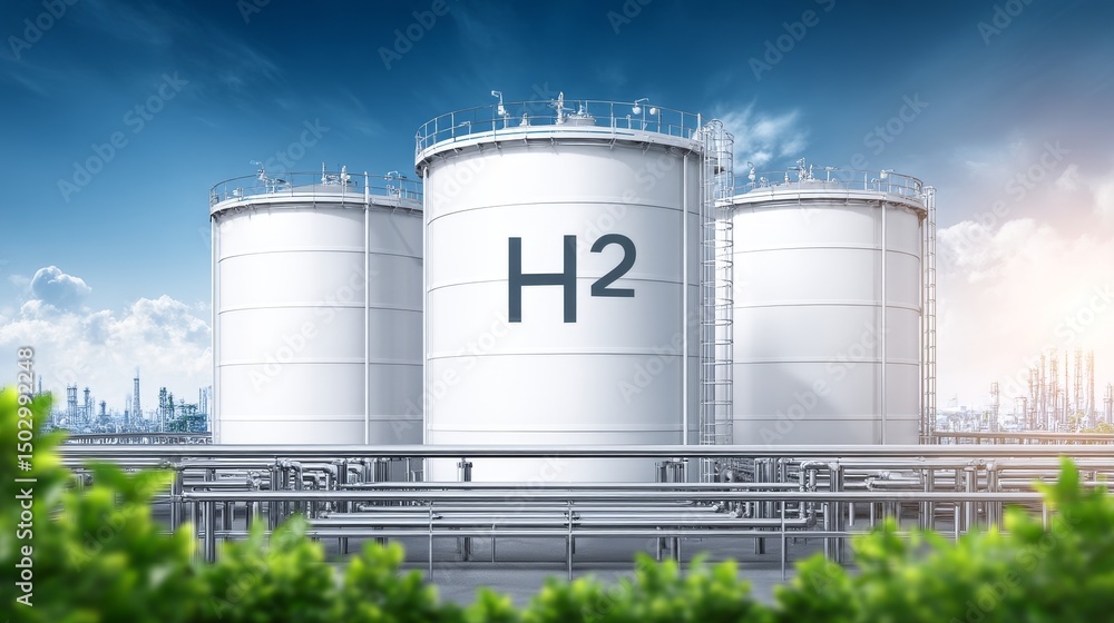 Hydrogen Storage Facility: Clean Energy Solution - Large white spherical tanks store hydrogen, symbolizing clean energy, sustainability, future technology, industrial progress Hydrogen Storage Facility: Clean Energy Solution - Large white spherical tanks store hydrogen, symbolizing clean energy, sustainability, future technology, industrial progress