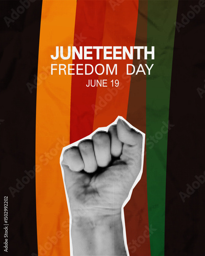 Juneteenth Freedom day, vertical banner template with Pan-African flag colors and halftone collage raised fist, symbol of the end of slavery in the United States, paper texture. Vector illustration 