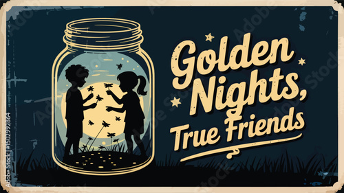 Silhouette of Children in Jar with Fireflies Golden Nights True Friends