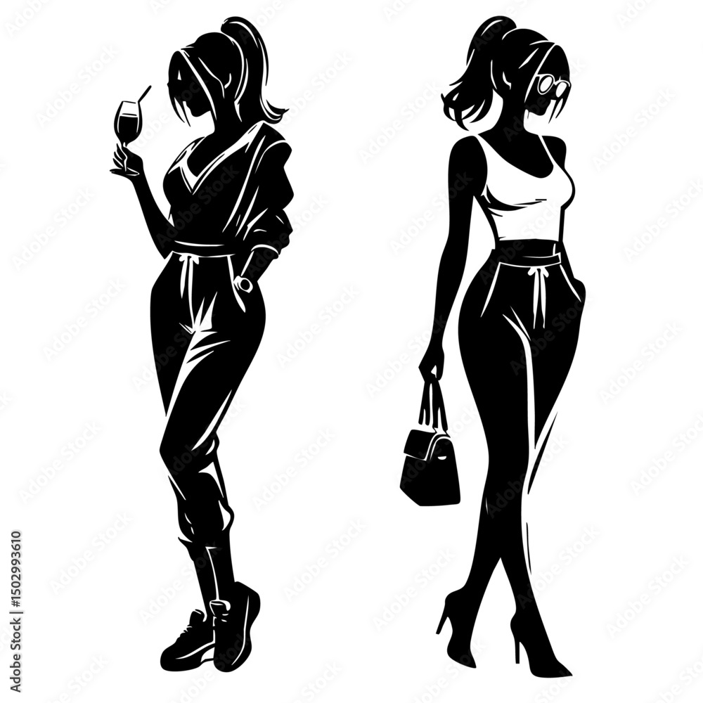 Naklejka premium 白黒で描かれたスポーティファッションの女性