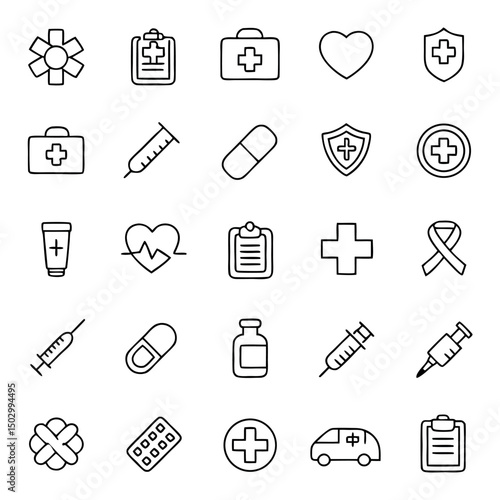 Set of Medical and Healthcare web icons in line style. Medicine, check up, doctor, dentistry, pharmacy, lab, scientific discovery, collection. Vector illustration.