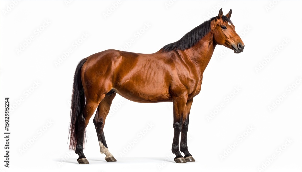 Realistic Horse Standing on White Background with Soft Studio Shadow Realistic Horse Standing on White Background with Soft Studio Shadow