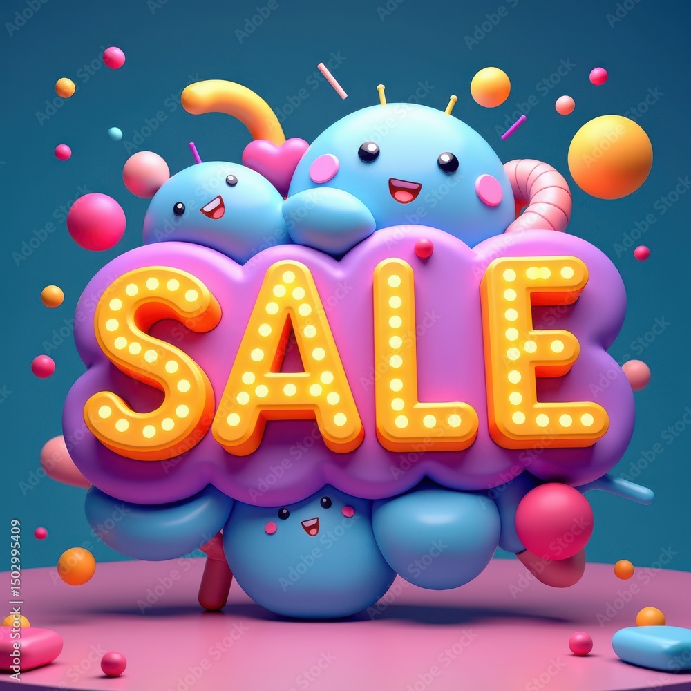 Fototapeta premium Colorful 3D animation featuring cheerful characters and a bright SALE sign, perfect for promotions, marketing campaigns, and festive advertisements.