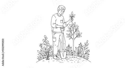 Senior Gardener Planting a Sapling Line Art Illustration Vector