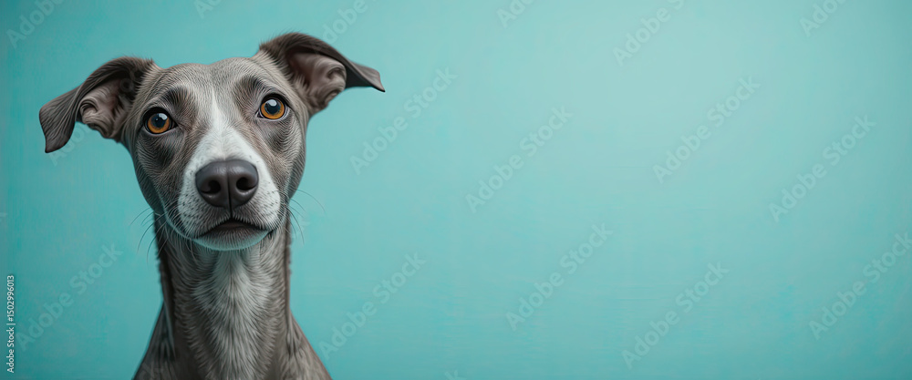 Curious Italian Greyhound dog with sleek grey coat and soft amber eyes looking left against light teal background in minimalist off-center studio pet portrait composition Curious Italian Greyhound dog with sleek grey coat and soft amber eyes looking left against light teal background in minimalist off-center studio pet portrait composition