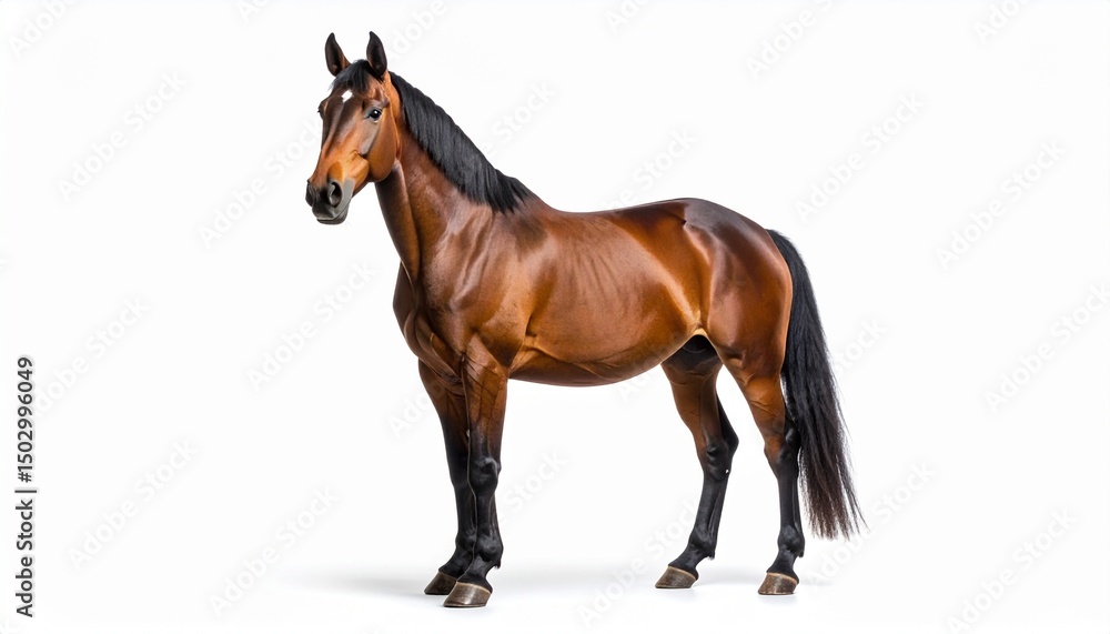 Obraz premium Realistic Brown Horse with Black Mane Standing Isolated on White Background