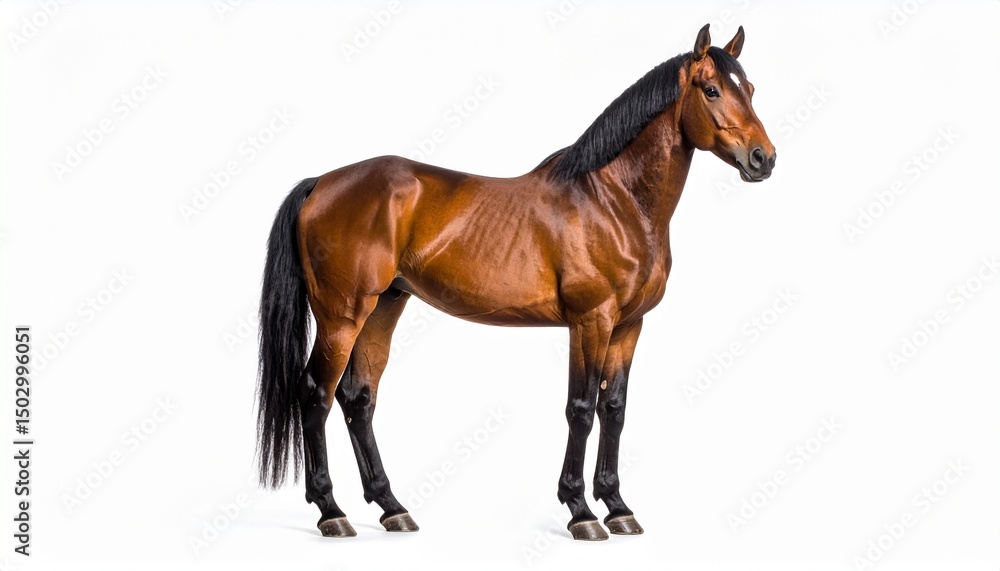 Obraz premium Realistic Brown Horse with Black Mane Standing Isolated on White Background