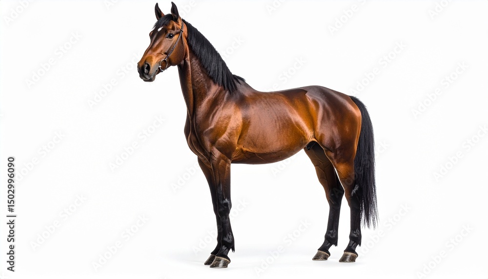 Obraz premium Realistic Brown Horse with Black Mane Standing Isolated on White Background