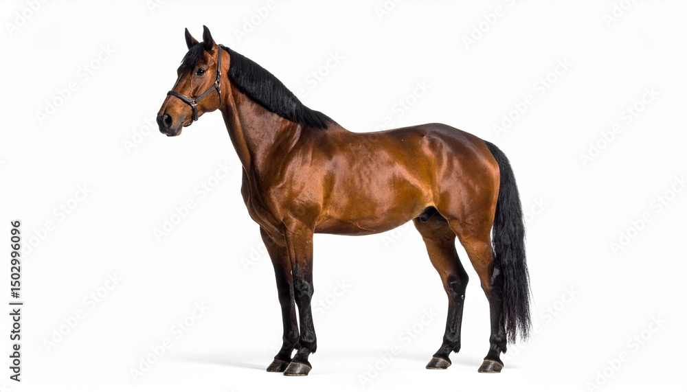 Obraz premium Realistic Brown Horse with Black Mane Standing Isolated on White Background