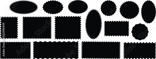 Black scalloped frames. Geometric shapes stickers with zigzag wavy edge. Set of frames with zigzag edge, scallop edge shapes. Vector illustration 