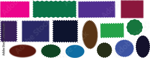Colorful scalloped frames. Geometric shapes stickers with zigzag wavy edge. Set of frames with zigzag edge, scallop edge shapes. Vector illustration 