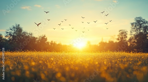 Sunset Birds Flying Field Meadow.