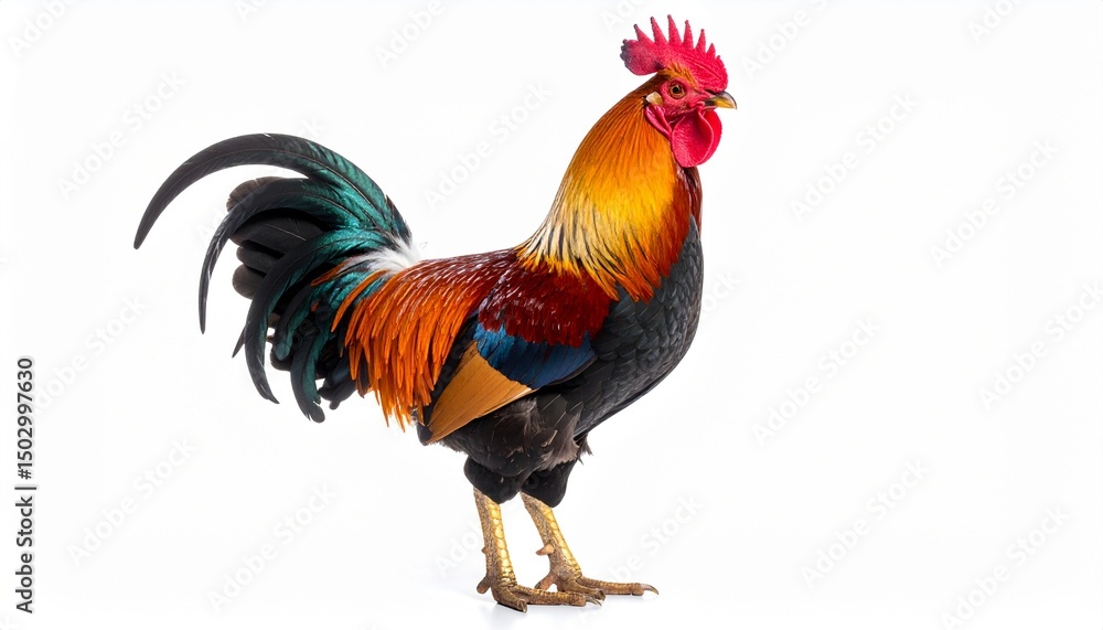 Fototapeta premium Realistic Rooster with Colorful Feathers and Red Comb Isolated on Pure White Background