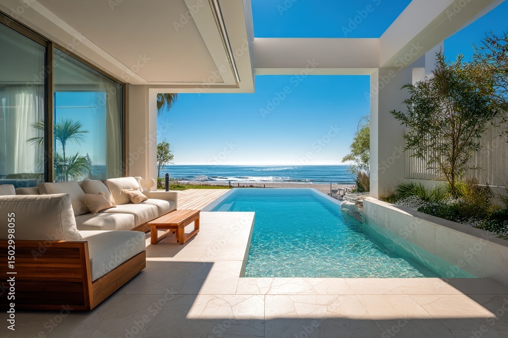Fototapeta premium luxury beachfront villa terrace with infinity pool, white cushioned outdoor seating, panoramic ocean view, modern architecture, tropical plants, and clear blue sky on a sunny coastal day