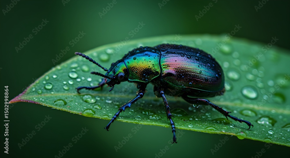 Shiny Beetle on Leaf with Water Droplets Shiny Beetle on Leaf with Water Droplets