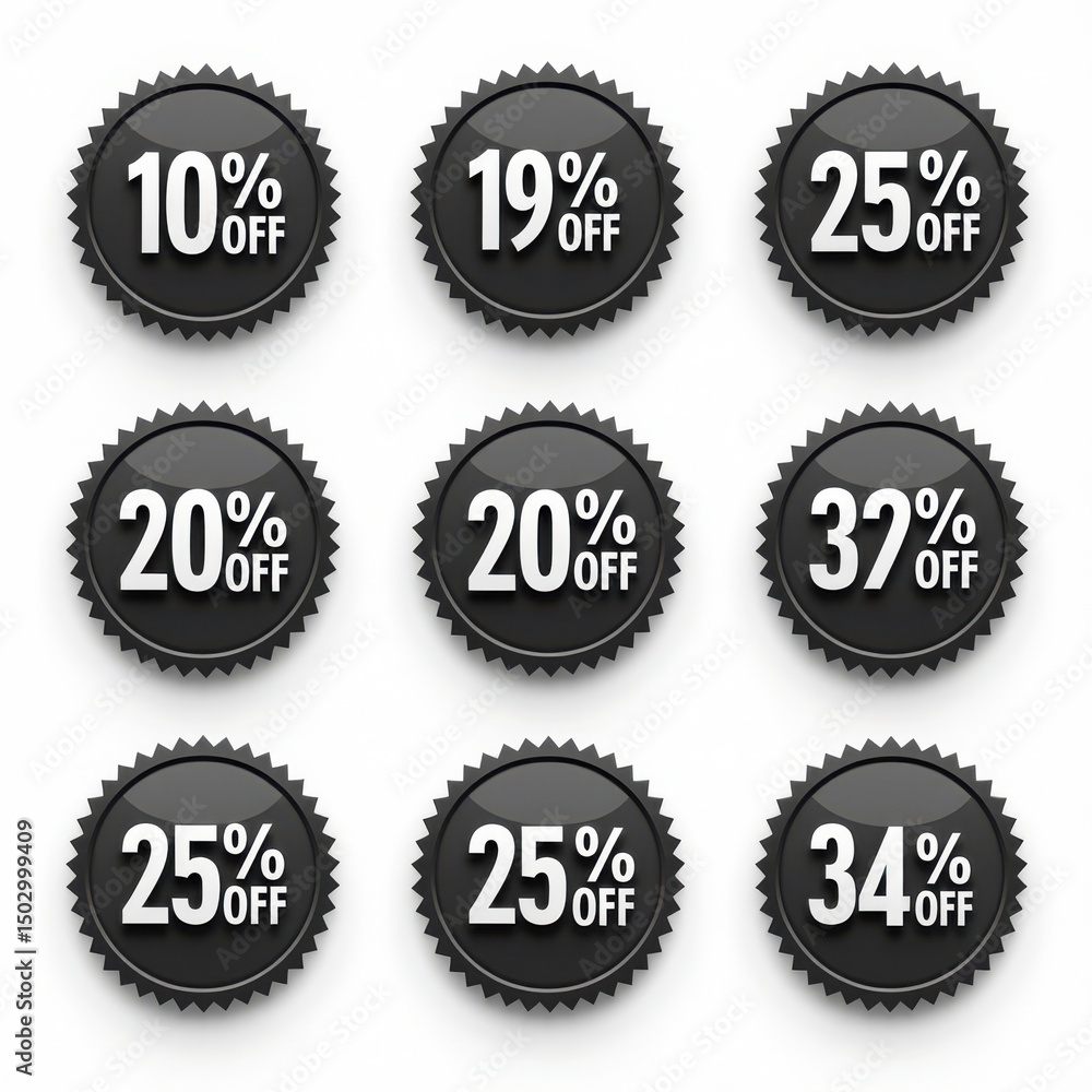 A collection of sale badges featuring various discounts, ideal for promoting limited-time offers in retail, online stores, and marketing campaigns. A collection of sale badges featuring various discounts, ideal for promoting limited-time offers in retail, online stores, and marketing campaigns.