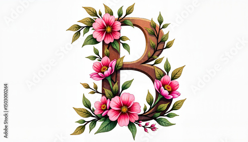 Floral letter B with pink flowers and green leaves
