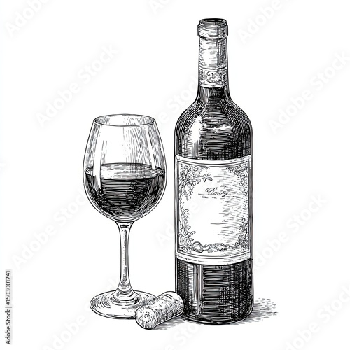 Sketch engraving of wine bottle and glass with cork on white background in vintage hand-drawn style