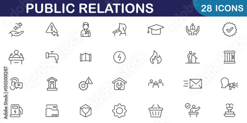 Public relations web icon set in line style. Containing design business, public relations, management, social media, news, corporate and process icons. Vector illustration. eps 10