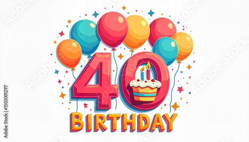 Colorful birthday balloons and cake illustration celebrating 40  
