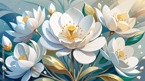 Elegant white flowers with subtle gold accents bloom gently against a softly blurred background. This refined composition brings together luxury, delicacy, and artistic charm for a graceful vector des