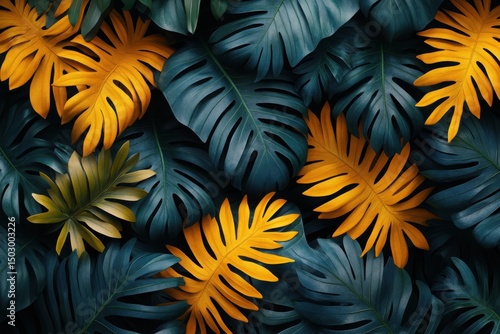 Wallpaper Mural Tropical foliage: An artistic arrangement of lush tropical leaves, showcasing vibrant hues of teal and gold, evokes a sense of exotic beauty and organic elegance. Torontodigital.ca