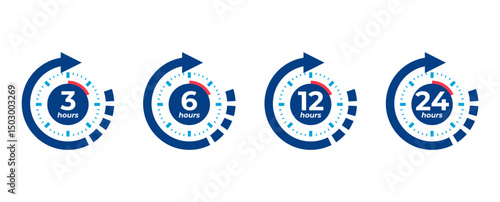 Infographic illustration of clock icons showing time intervals of 3, 6, 12, and 24 hours.